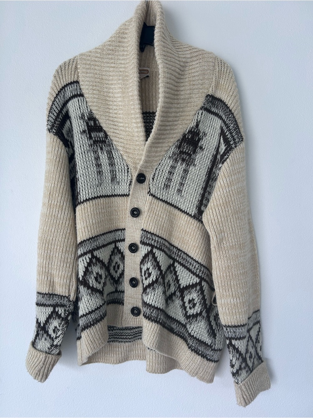 Vintage Drummond Beige Shawl Collar Patterned Button-Up Cardigan Sweater Size XL
